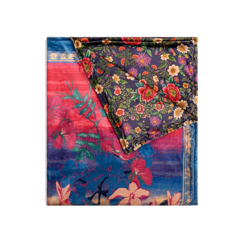 Johnny Was Laurel Canyon Lavandula Cozy Blanket Reversible Floral Blue Home NEW